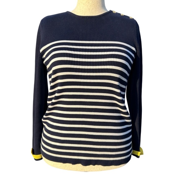 Lauren‎ Ralph Lauren Striped Knit Sweater XL Gold Button Detail Nautical Preppy - Picture 1 of 6